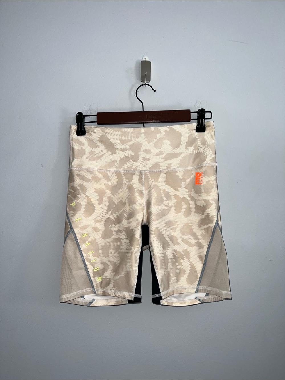 P.E Nation Bike Shorts Large Cream Beige Animal Print High Rise Mesh Athletic